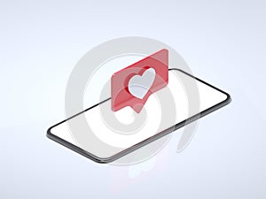 Red heart Like symbols on mobile phone screen. Isolated mobile phone is on white background, 3d rendering. illustration.