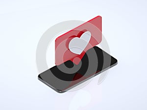 Red heart Like symbols on mobile phone screen. Isolated mobile phone is on white background, 3d rendering. illustration.