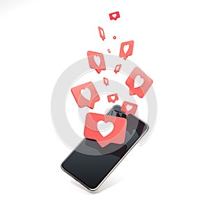 Red heart Like symbols on phone screen. Social media concept. 3d rendering.