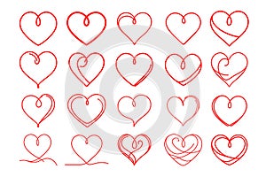 Red heart line art vector icon set.