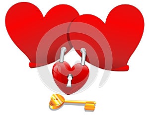 Red heart locks with keyholes chained together with the key as symbol of strong love