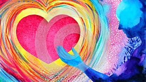 Red heart love mind mental flying healing in universe spiritual soul abstract health art power watercolor painting illustration