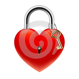 Red heart love padlock with a gold key