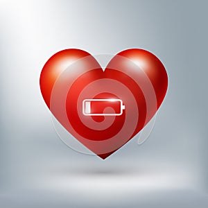 Red Heart and low battery sign for icon or button, Valentine`s day concept, vector background