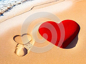 A red heart made out of sand on beach, of sand background. With space for text. Generative AI