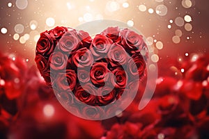Red heart made of rose petals, scattered petals all around, bright bokeh effect in the background.Valentine\'s Day banner