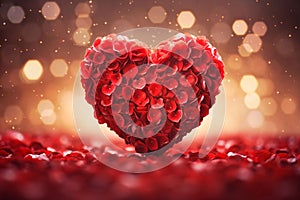 Red heart made of rose petals, scattered petals all around, bright bokeh effect in the background.Valentine\'s Day banner