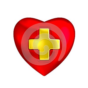 Red heart with medical gold cross