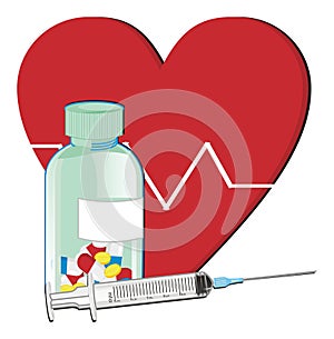 Red heart and medicin`s objects photo
