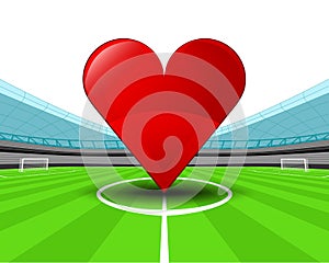 Red heart in the midfield of football stadium vector