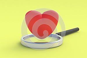 Red heart near magnifier on yellow background