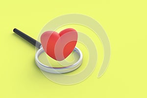 Red heart near magnifier on yellow background