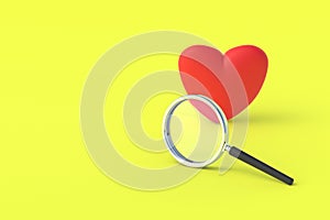 Red heart near magnifier on yellow background