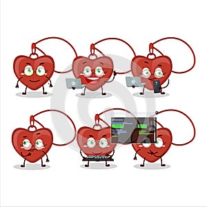 Red heart necklace Programmer cute cartoon character with
