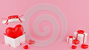 Red heart and Open  Close white gift box with red ribbon. Valentine\'s day concept. 3D Rendering illustration