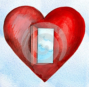 Red heart with an open door blue sky and clouds