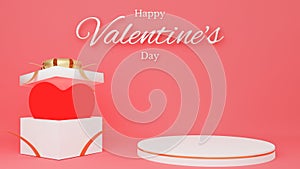 Red heart in open white gift box with red ribbon with circle podium and text. Valentine\'s day concept. 3D Rende