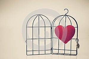 A red heart in opened bird cage