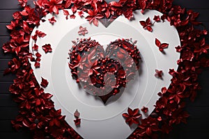 Red heart with ornaments in the shape of leaves and twigs in the middle of a large heart with a frame. Heart as a symb