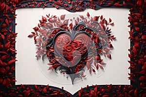 Red heart with ornaments in the shape of leaves and twigs in the middle of a white book with a frame. Heart as a symb