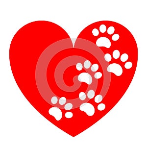 Red heart with paw print animal icon symbol sign.