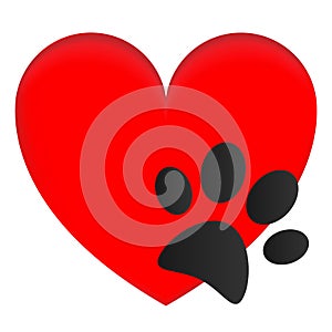 Red heart with paw print animal icon symbol sign.