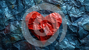 A red heart is on a piece of paper that has been torn, AI