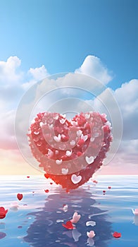 Red heart with pink red rose petals over water. Heart as a symbol of affection and