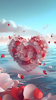 Red heart with pink red rose petals over water. Heart as a symbol of affection and