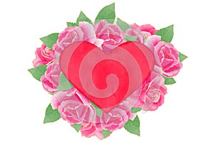 Red heart on pink roses bouquet illustration for valentine and wedding