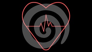 Red heart with pulse on black background. 3D rendering.