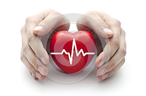 Red heart with pulse covered by man`s hands.