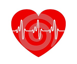 Red heart, pulse one line, cardiogram sign, heartbeat - for stock vector