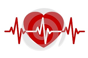 Red heart, pulse one line, cardiogram sign, heartbeat - vector