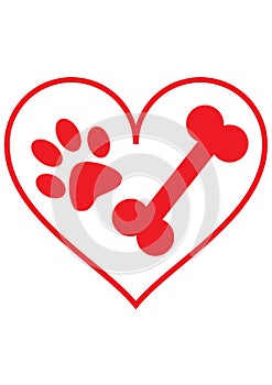 Red heart red paw red dog bone white background