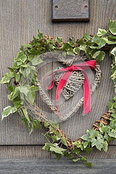Red Heart with Ribbon on Christmas Wreath; Front Door