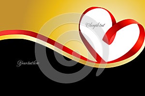 Red heart ribbon on gold background. Vector