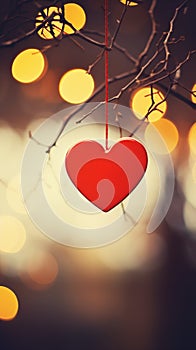 Red heart on rope hanging on tree branch on blurred natural background with lights and bokeh. Valentine's Day card