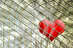 Red heart in rope net against wall