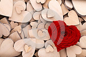 Red heart rose, valentine day greeting card. Wooden hearts background