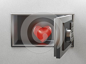 Red Heart in the safe. Concept of Love, Falling in love, Depression or Shyness. 3d rendering