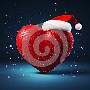 Red heart with Santa's hat around the speck of white dust dark background. Heart as a symbol of affe and love