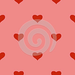 Red heart seamless pattern in pixel art style. pink background. 8 bit wallpaper. Valentine`s Day