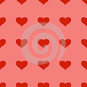 Red heart seamless pattern in pixel art style. pink background. 8 bit wallpaper. Valentine`s Day backdrop