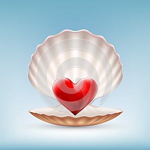 Red heart in a seashell. Icon isolated on white background