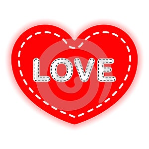 Red heart sewn with white thread and the word love. The concept of Valentine`s day, recognition. Vector.