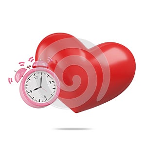 Red heart shape and 3D pink alarm clock on white background. the concept is Dating appointment time, valentine\'s day, love.