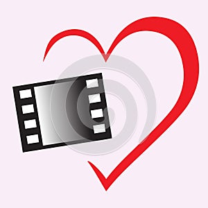 Red heart shape and black and white film frame, love film concept