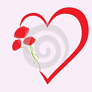 Red heart shape contour with three poppy flowers bouquet, holiday vector