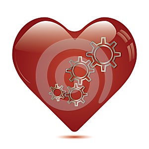 Red heart shape with gears inside .